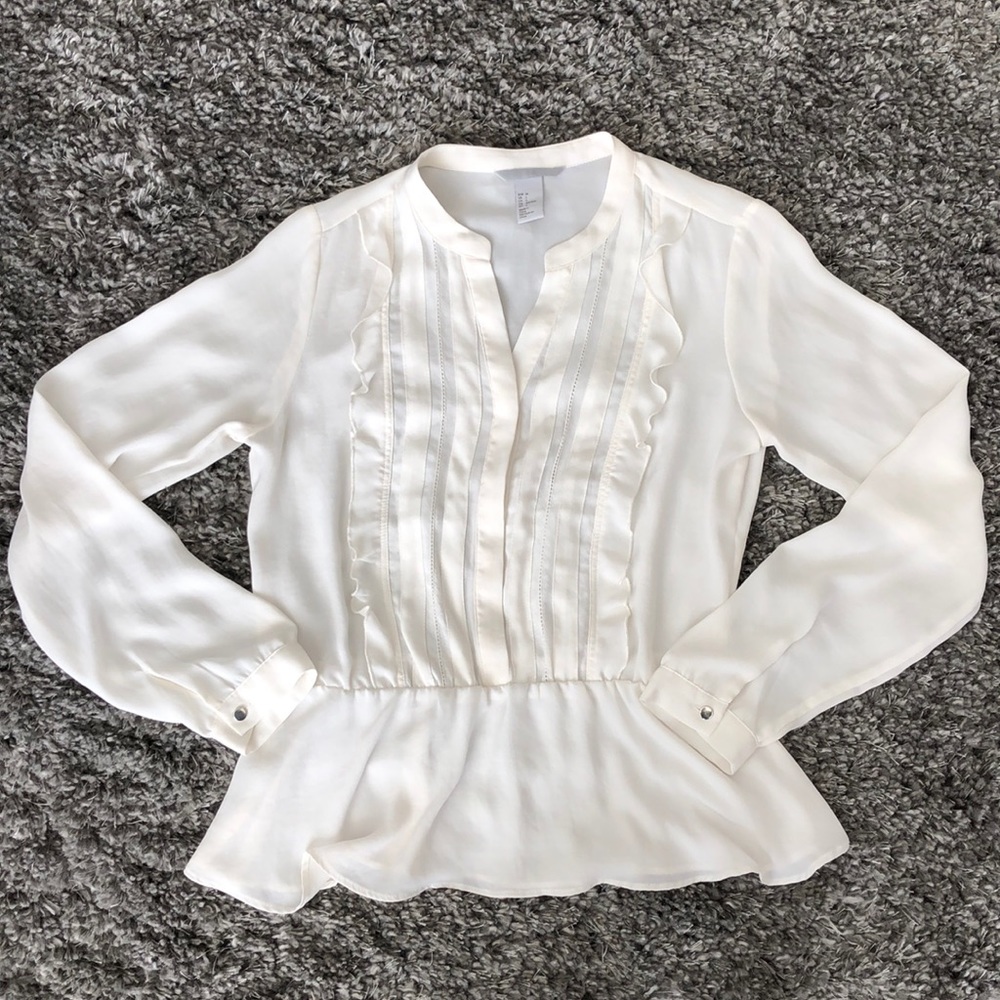 Off White Ruffle Front Peplum Blouse, Size 6